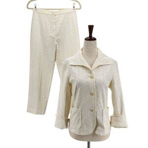 New Allan Waller Womens 4 Jacket & Pants 2 Piece Set Eyelet Cream Made in Italy
